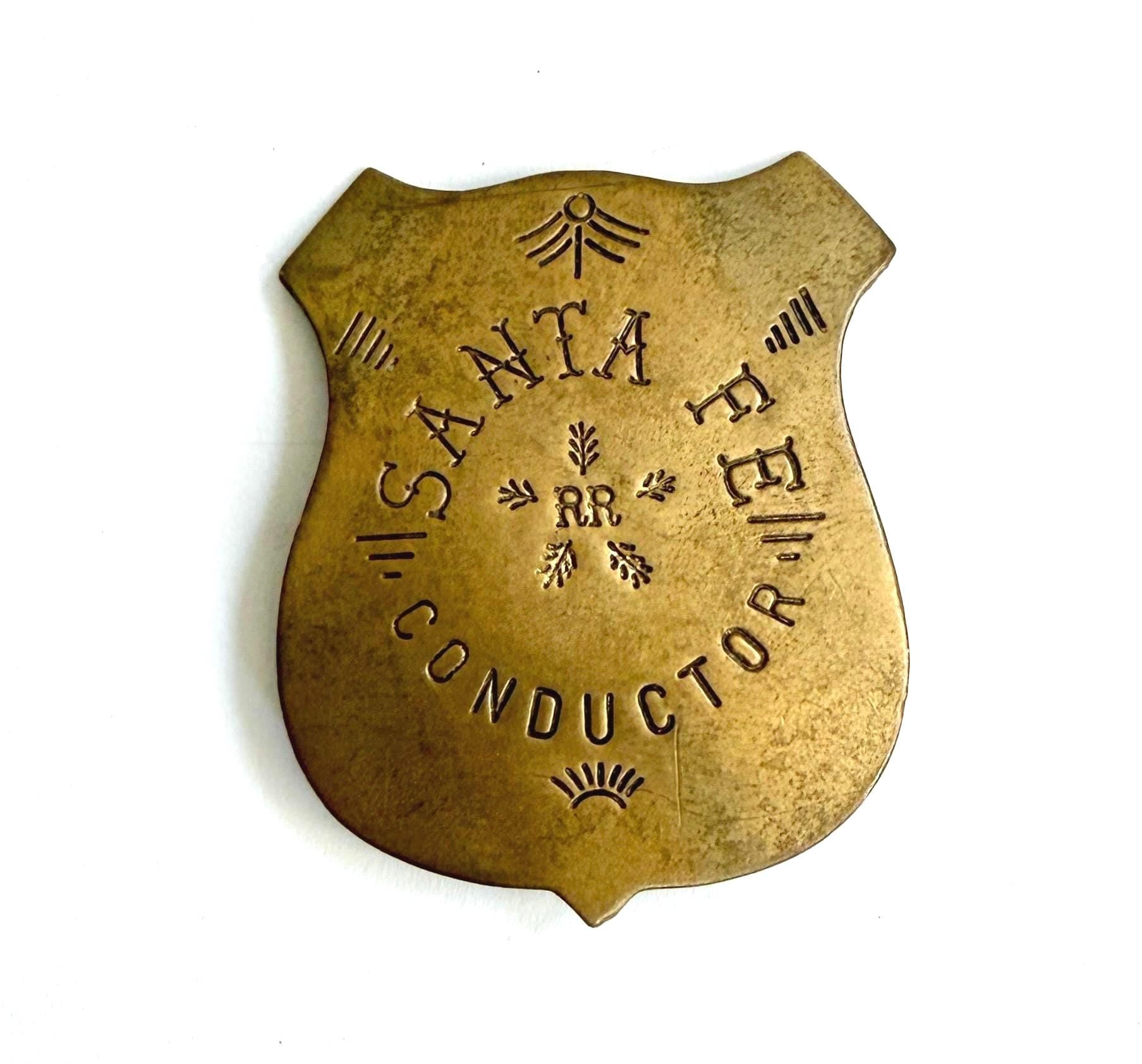 Vintage Brass Santa Fe Railroad Conductor Badge Pin Western Train Ephemera