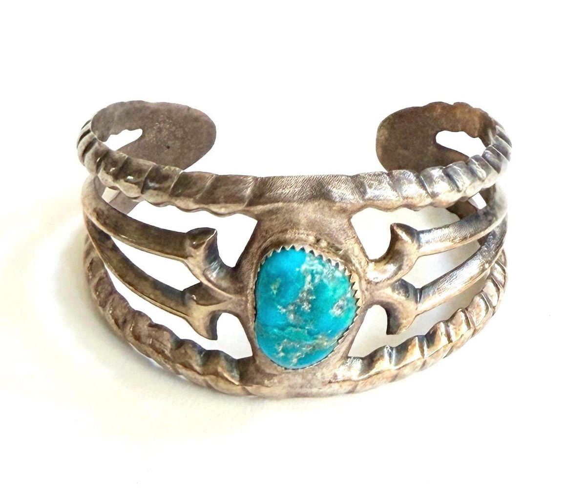 Vintage Navajo Turquoise Cuff Bracelet Cast Sterling Silver 50g