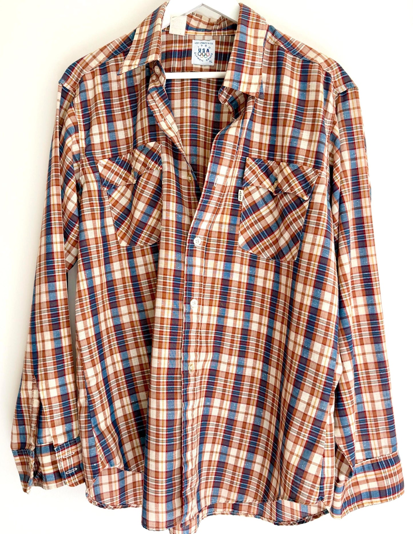 Vintage Levi Strauss Plaid Mens Shirt 1980 Olympic Games