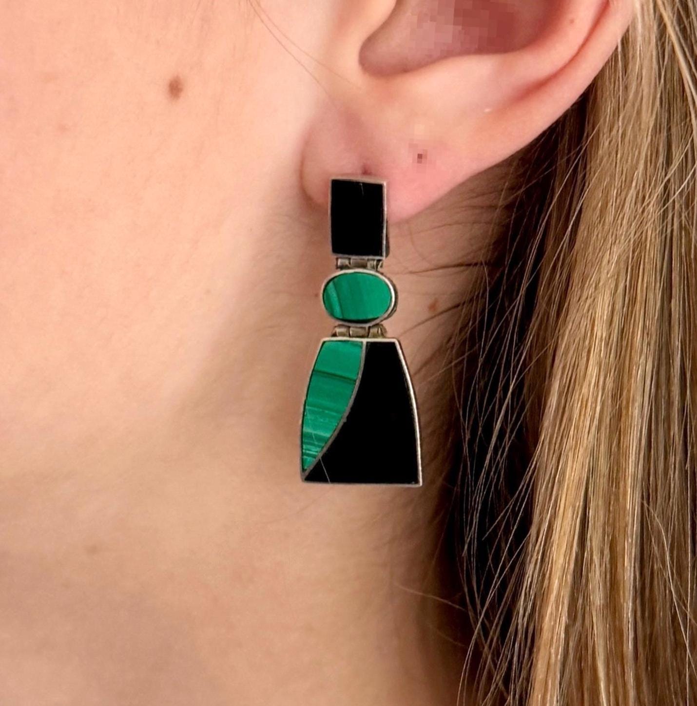 Vintage Zuni Earrings Flush Malachite Black Onyx Geometric Inlay
