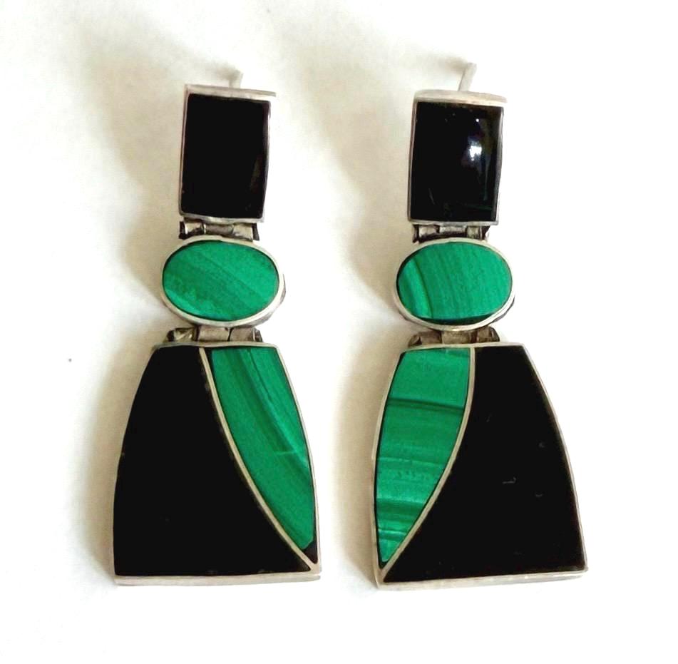Vintage Zuni Earrings Flush Malachite Black Onyx Geometric Inlay