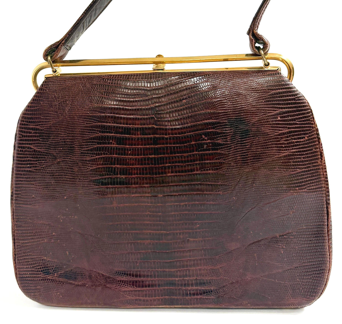 Vintage Lizard Bag Mid Century Bellstone Chocolate Brown Gold Trim