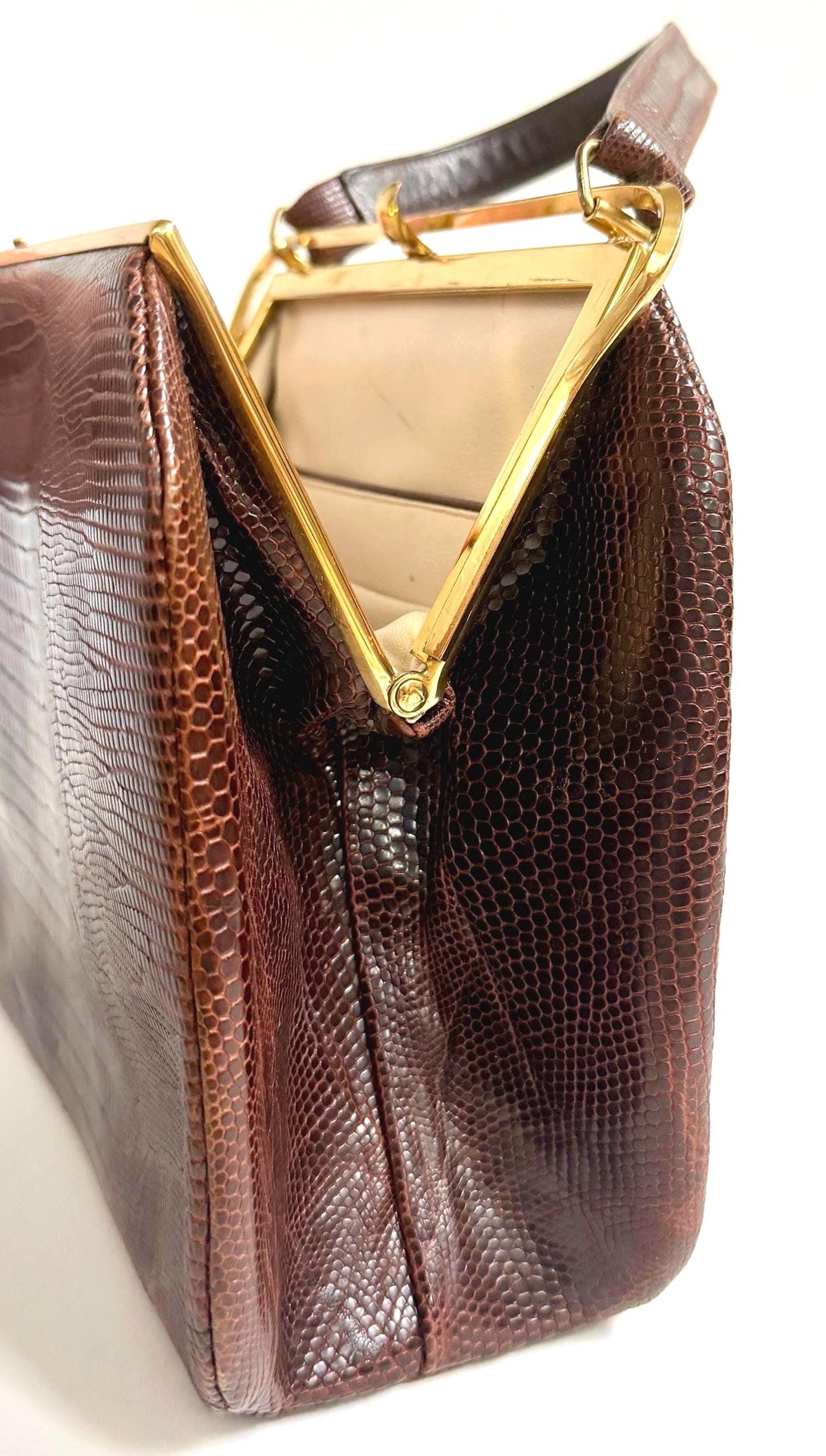 Vintage Lizard Bag Mid Century Bellstone Chocolate Brown Gold Trim