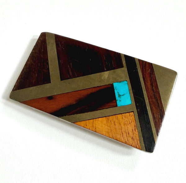 Kenneth Reid Western Turquoise Buckle Vintage 80s Brass Wood Inlay