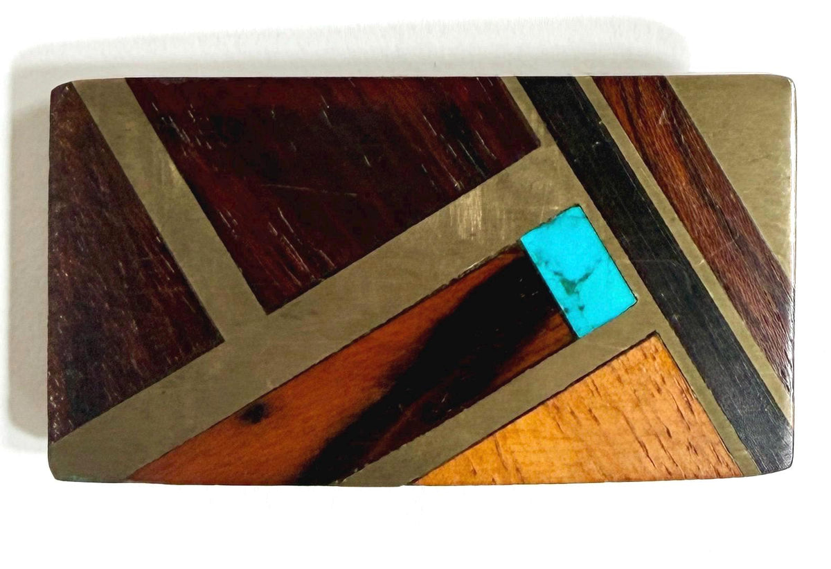 Kenneth Reid Western Turquoise Buckle Vintage 80s Brass Wood Inlay