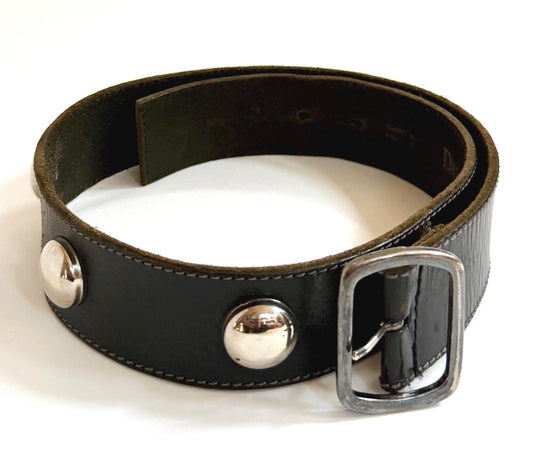 Vintage Silver Studded Belt Black Leather Strap Made in France