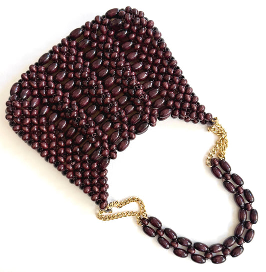 Boho Wood Bead Bag Mid Century Mod Purse
