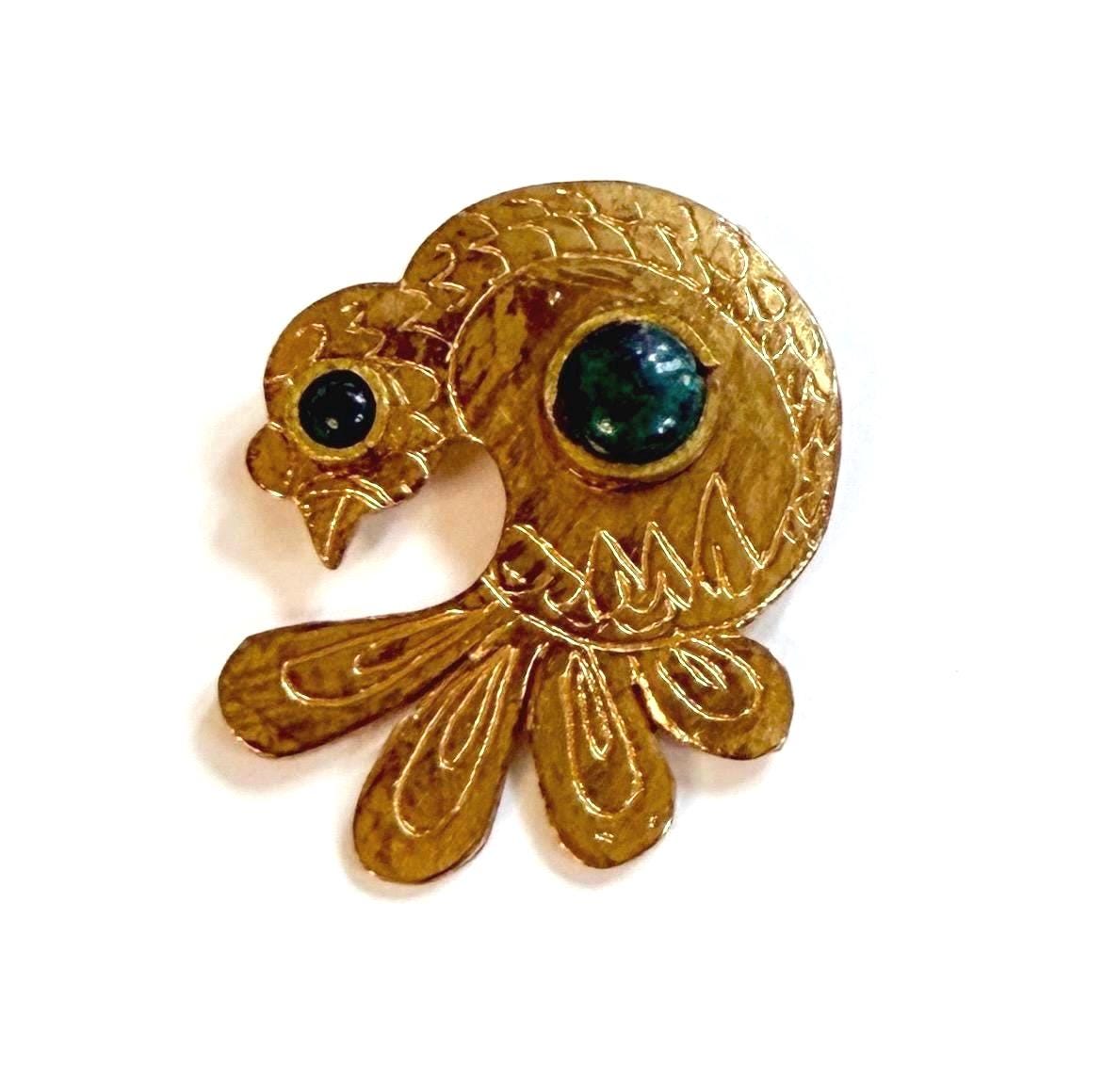 Vintage Gold Bird Brooch Pin Jade Green Stone