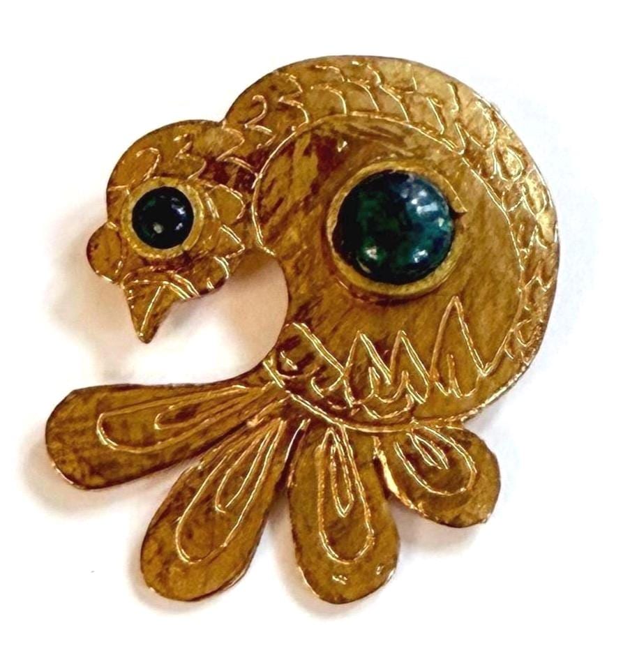 Vintage Gold Bird Brooch Pin Jade Green Stone