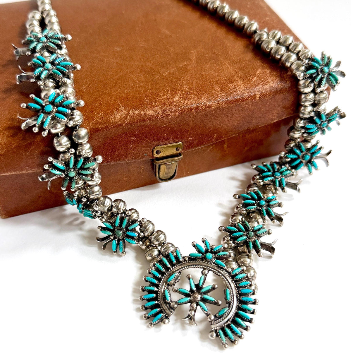 Vintage Turquoise Squash Blossom Necklace Signed Native American Sterling Silver