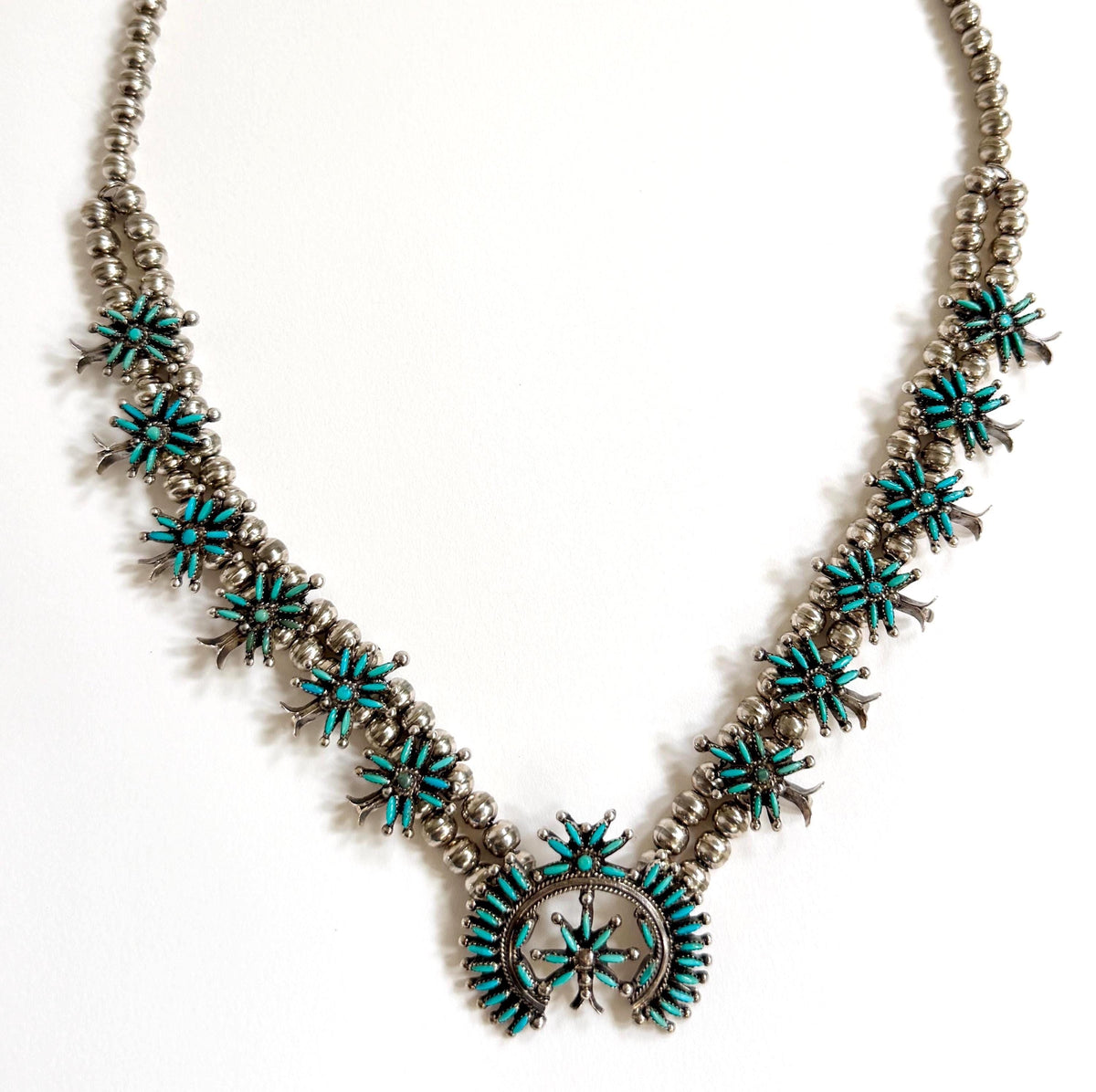 Vintage Turquoise Squash Blossom Necklace Signed Native American Sterling Silver