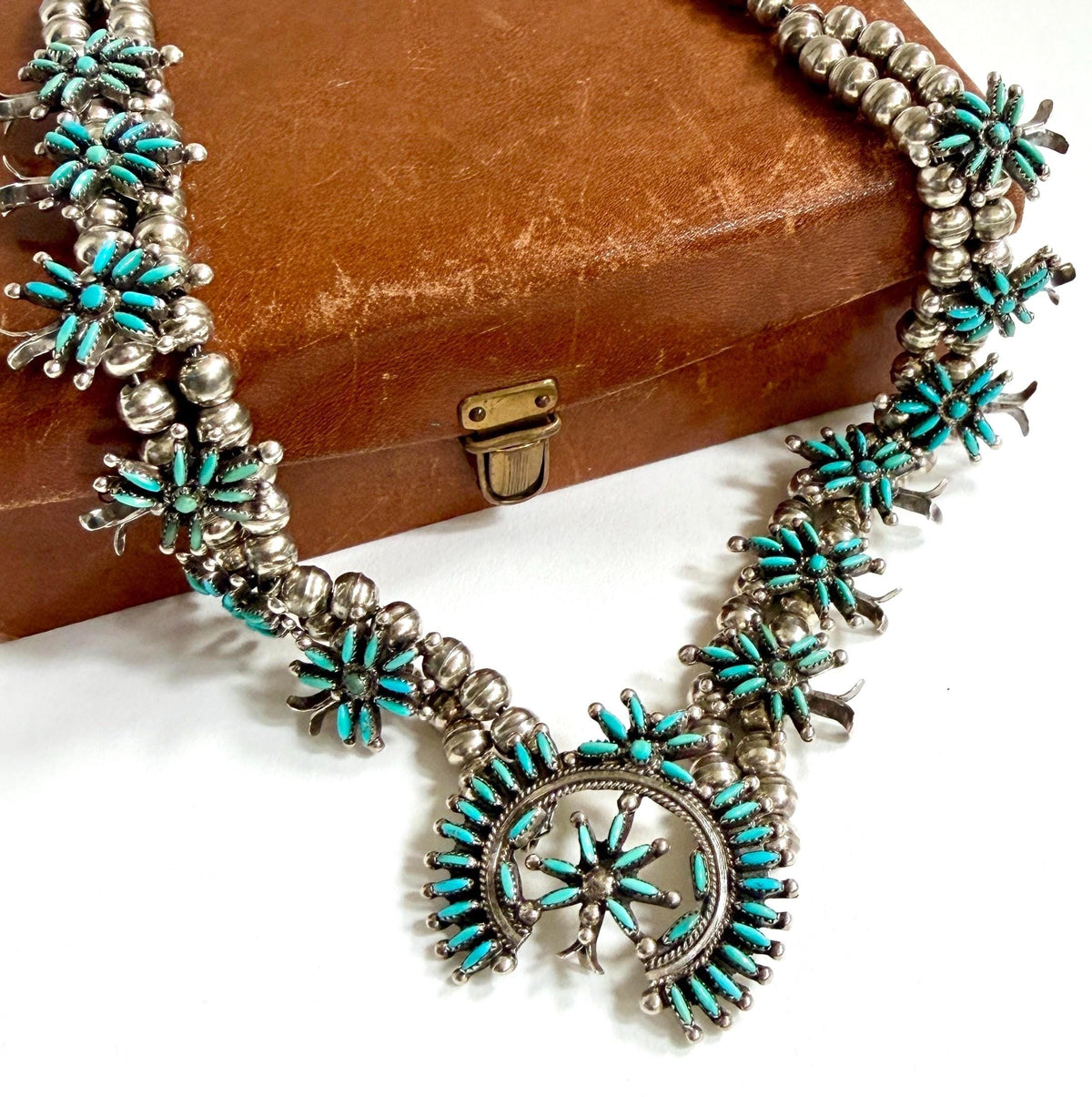 Vintage Turquoise Squash Blossom Necklace Signed Native American Sterling Silver