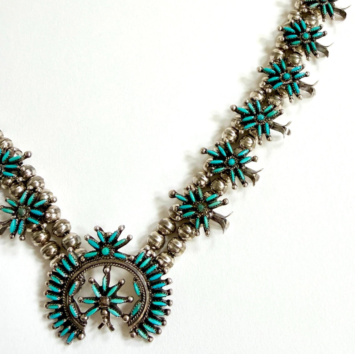 Vintage Turquoise Squash Blossom Necklace Signed Native American Sterling Silver