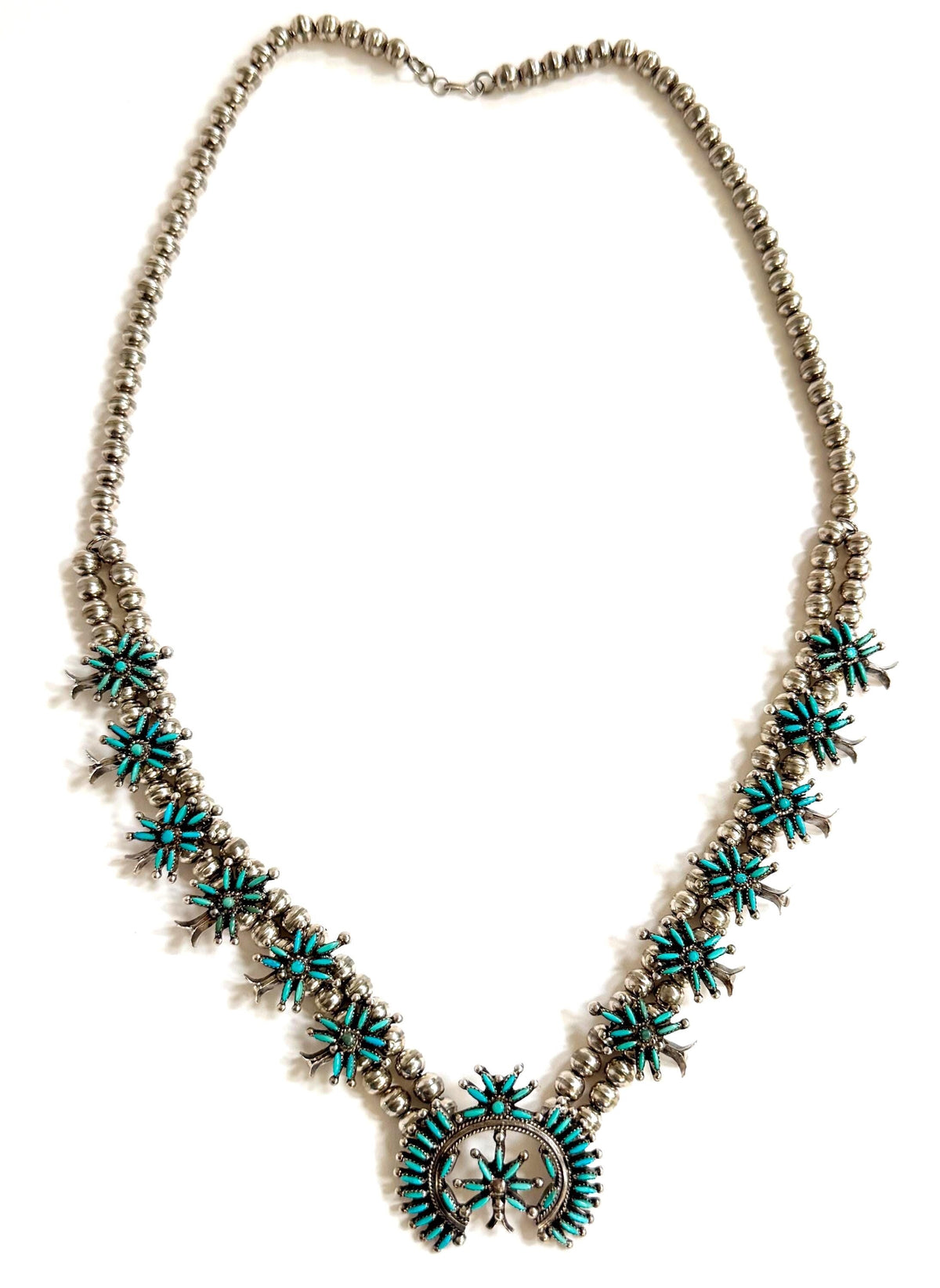 Vintage Turquoise Squash Blossom Necklace Signed Native American Sterling Silver