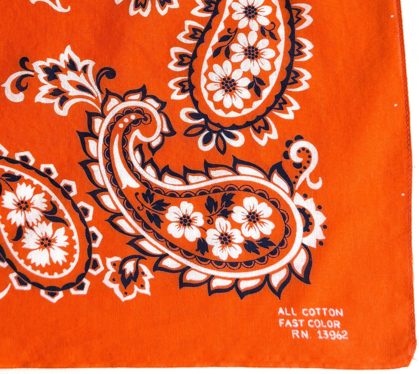 Rare Vintage Orange Cotton Bandana 1970s Fast Color Paisley Floral Pattern