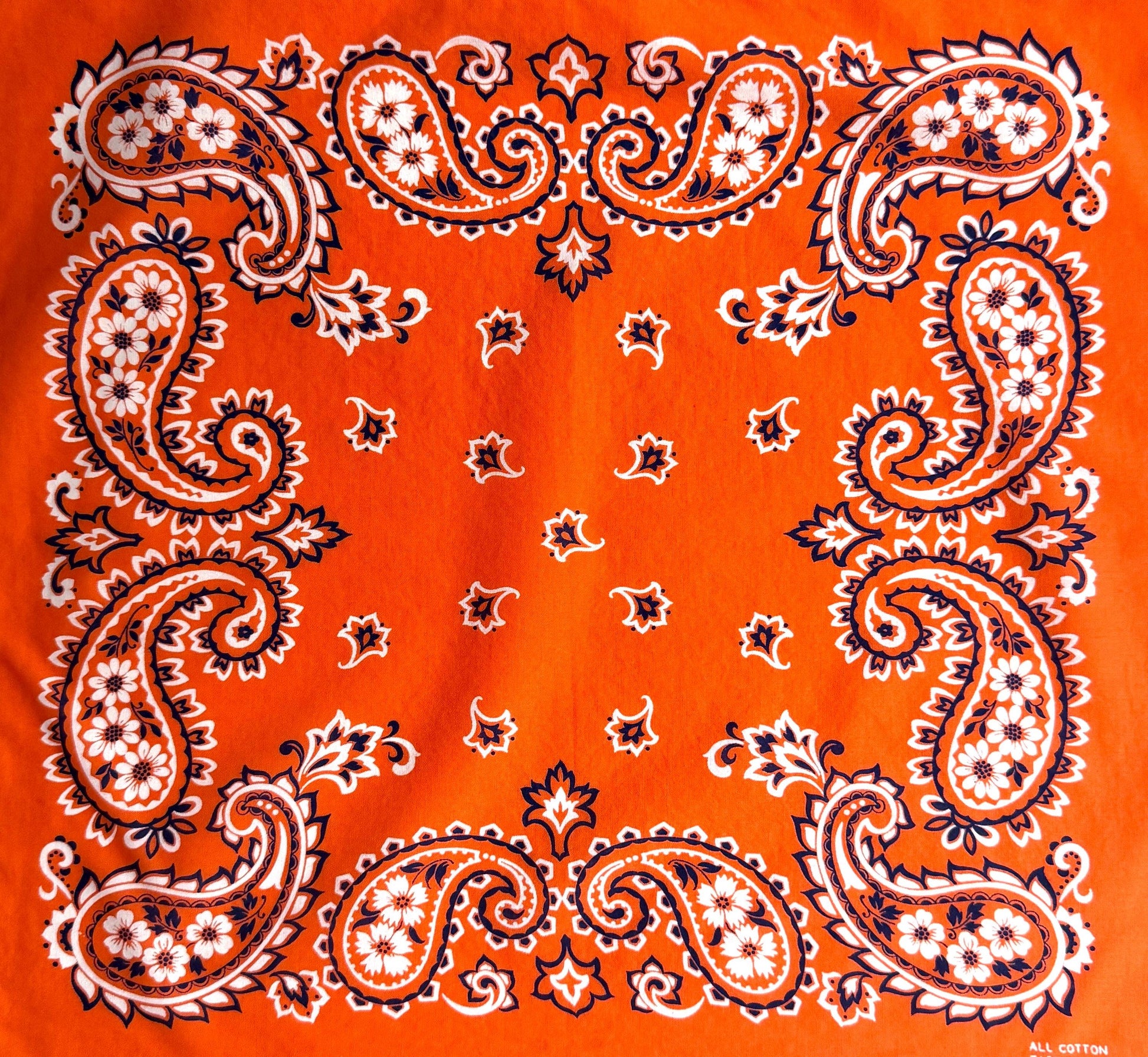 Rare Vintage Orange Cotton Bandana 1970s Fast Color Paisley Floral Pattern