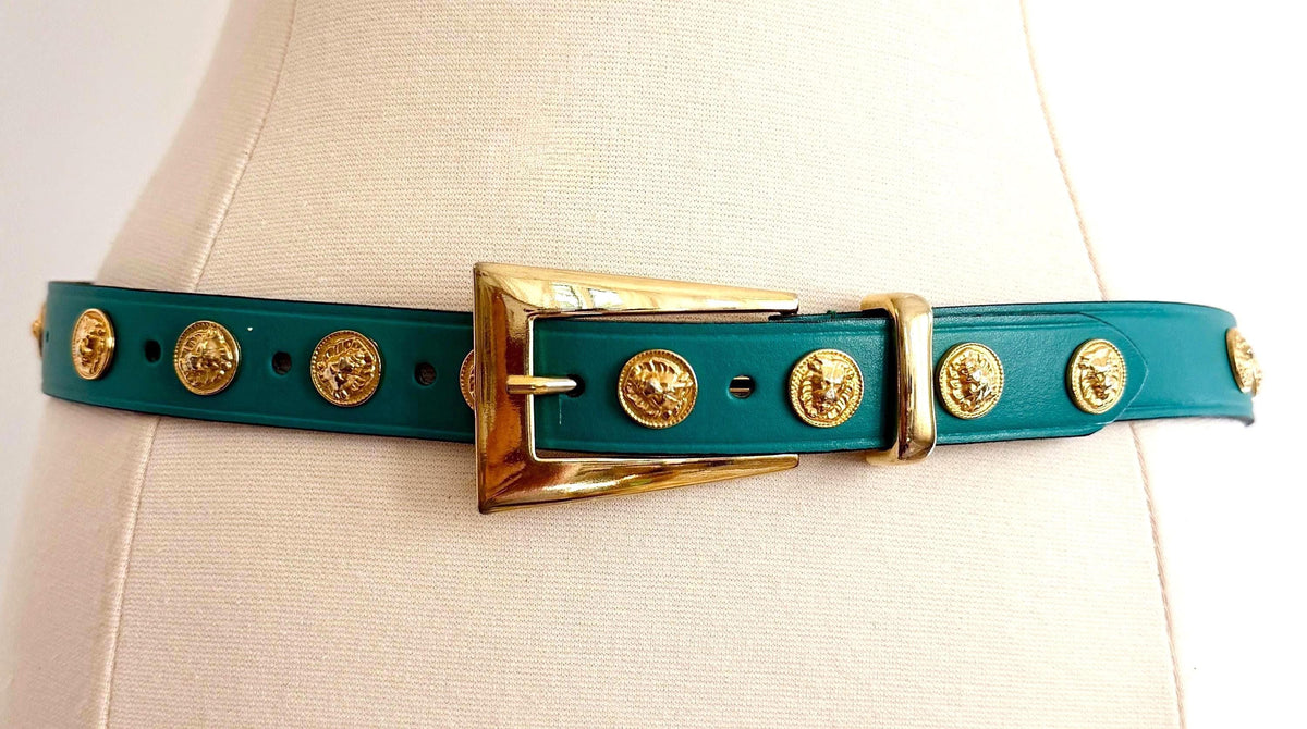 Vintage Turquoise Belt Gold Lion Medallion Studs Made in Italy