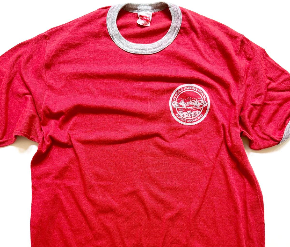 80s Boy Scouts Tshirt 1983 World Jamboree Alberta Canada Red Ringer Tee