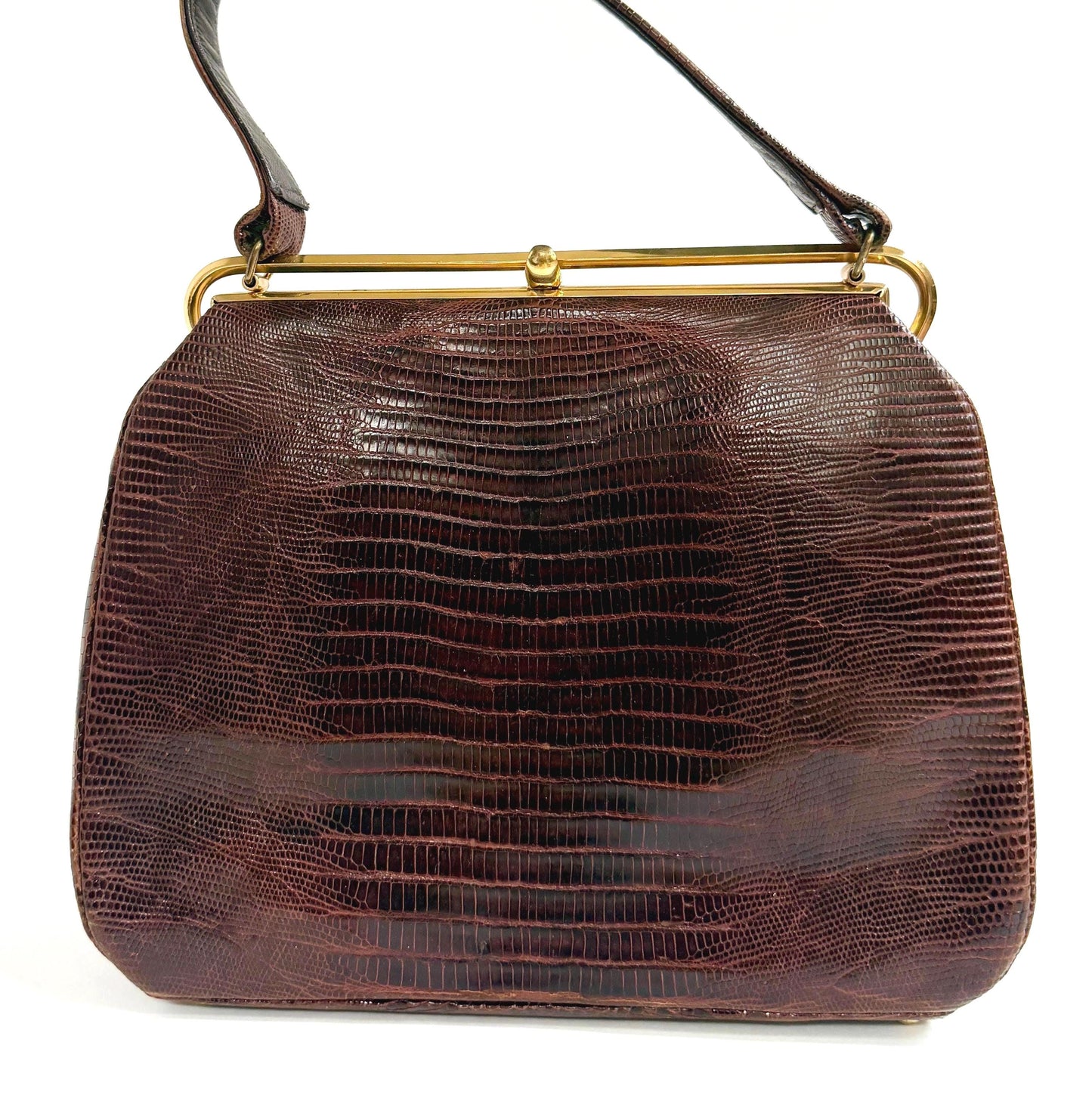 Vintage Lizard Bag Mid Century Bellstone Chocolate Brown Gold Trim