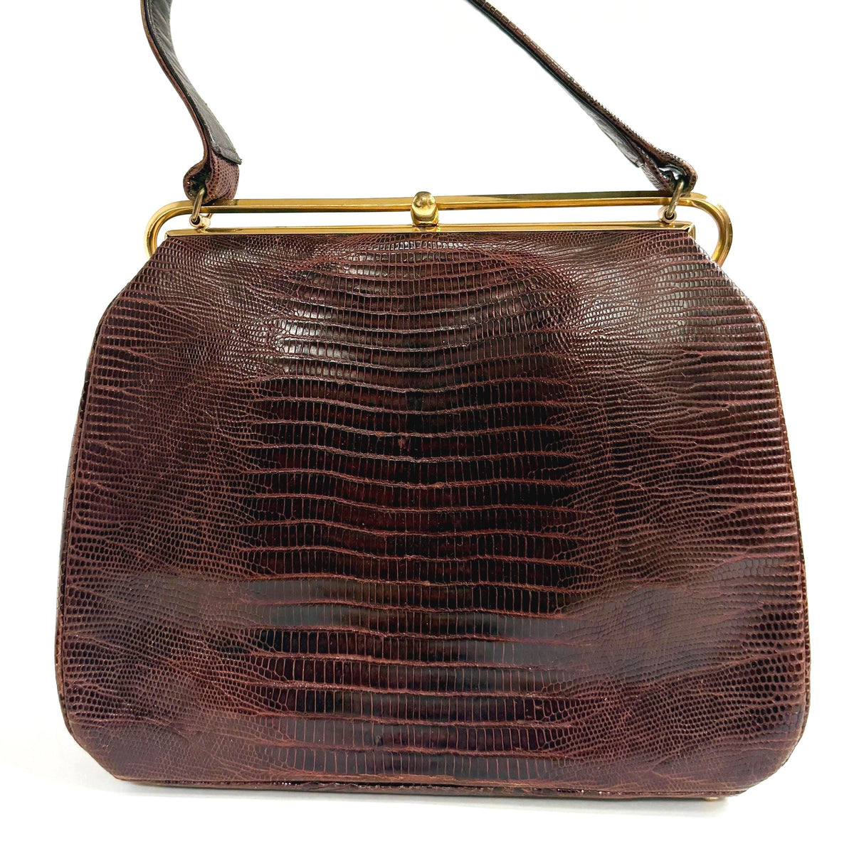 Vintage Lizard Bag Mid Century Bellstone Chocolate Brown Gold Trim