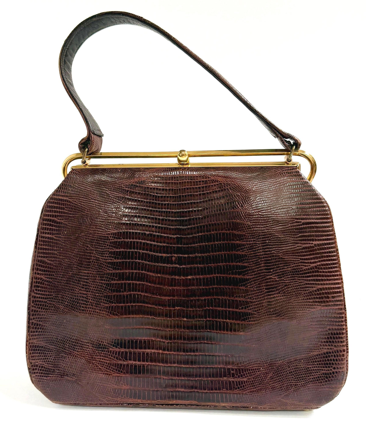Vintage Lizard Bag Mid Century Bellstone Chocolate Brown Gold Trim