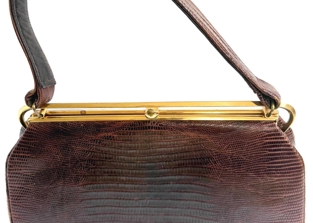 Vintage Lizard Bag Mid Century Bellstone Chocolate Brown Gold Trim