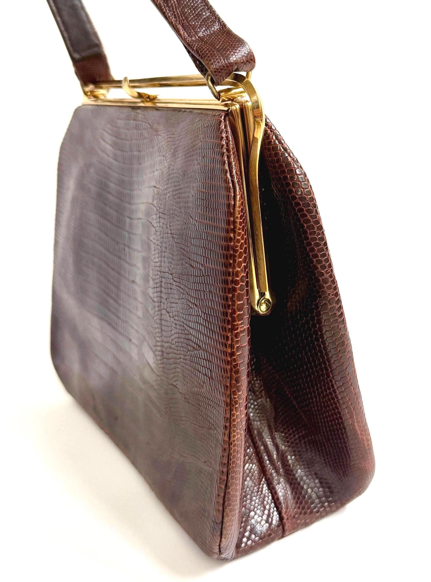 Vintage Lizard Bag Mid Century Bellstone Chocolate Brown Gold Trim
