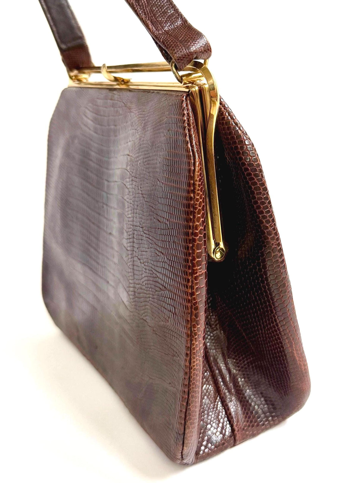 Vintage Lizard Bag Mid Century Bellstone Chocolate Brown Gold Trim