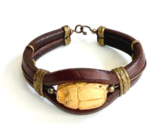 Vintage Carved Scarab Bracelet Leather Band Brass Clasp Egyptian Revival