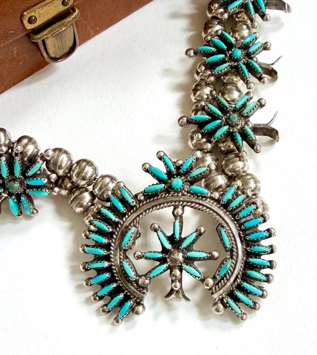Vintage Turquoise Squash Blossom Necklace Signed Native American Sterling Silver