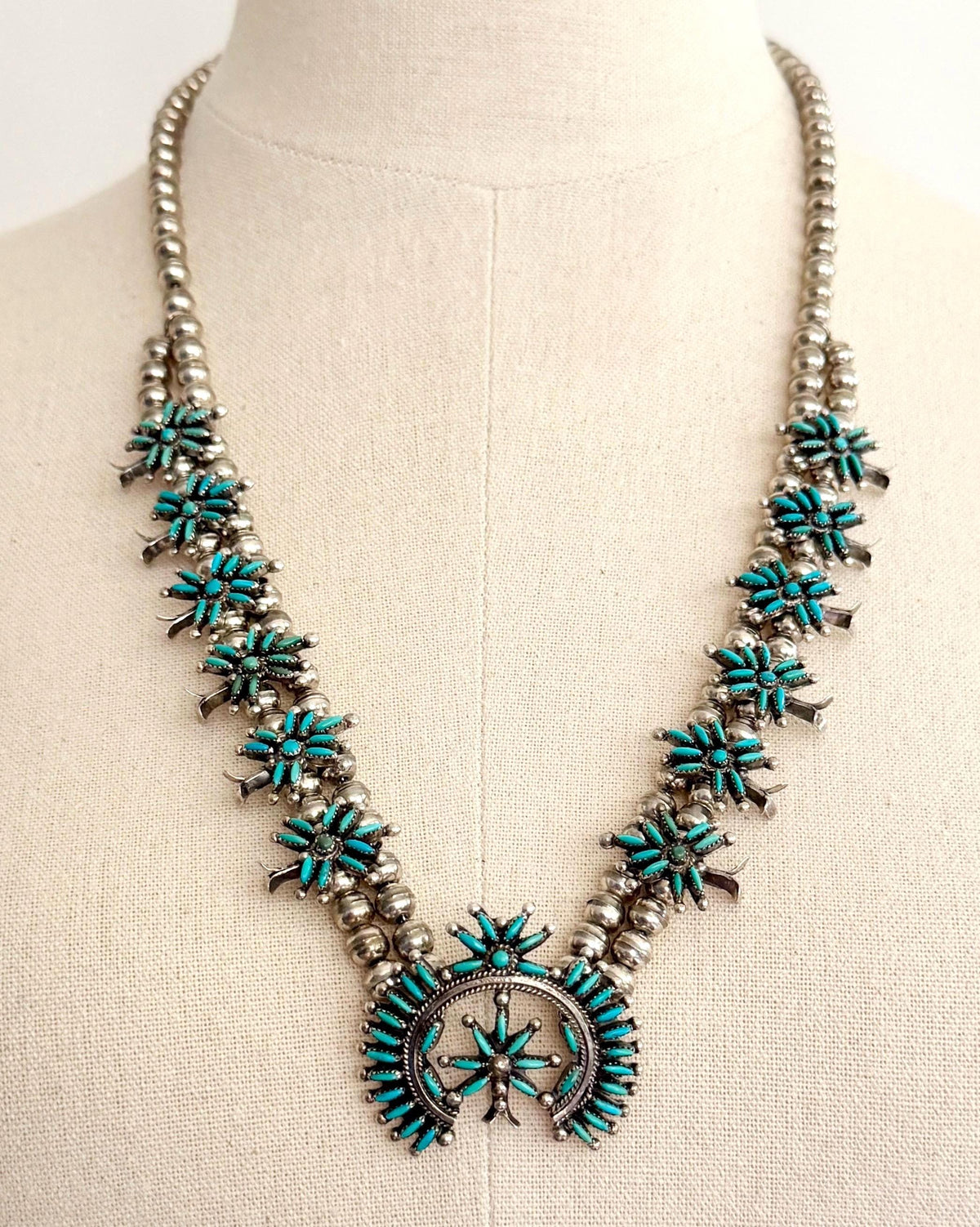 Vintage Turquoise Squash Blossom Necklace Signed Native American Sterling Silver