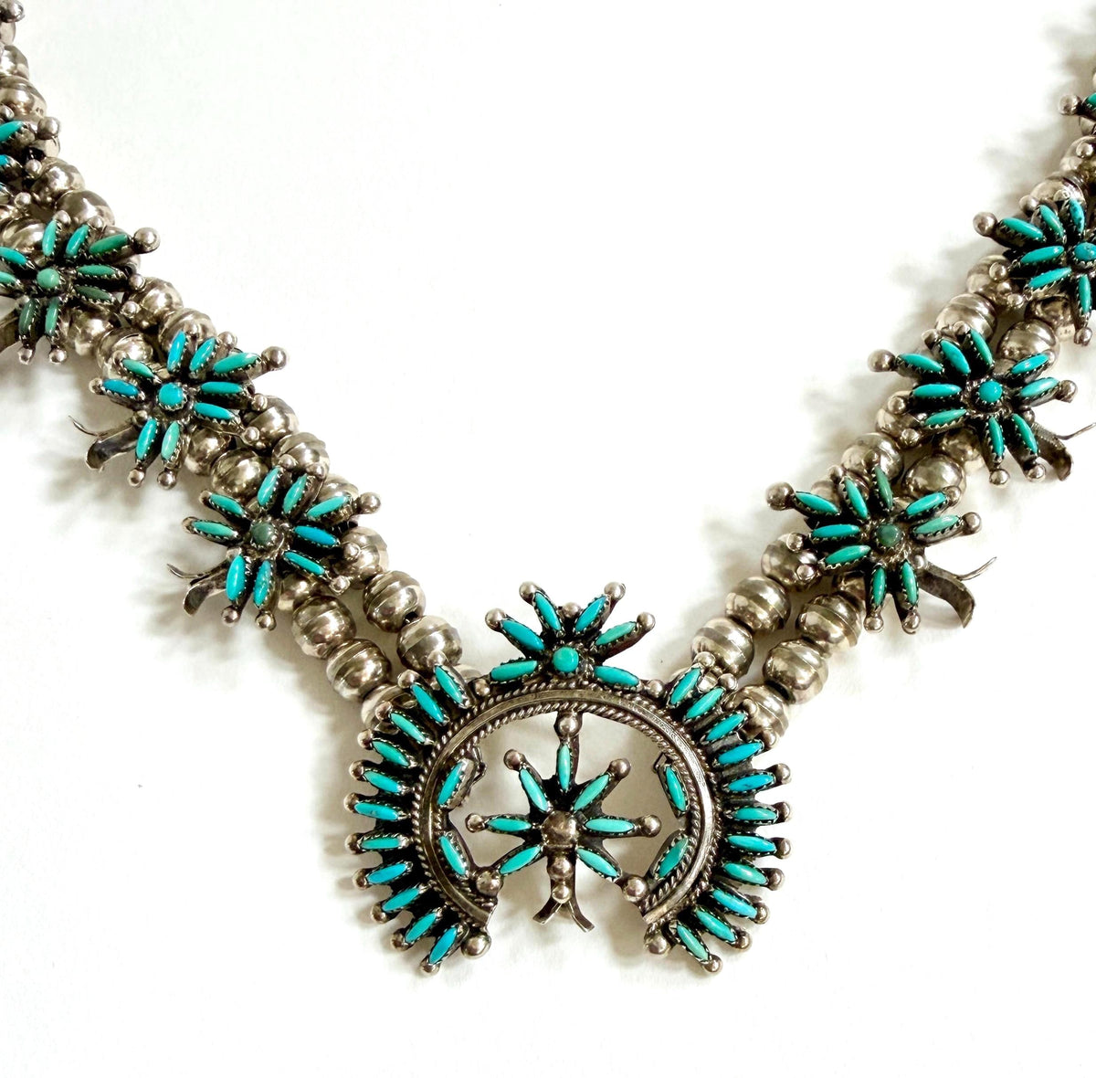 Vintage Turquoise Squash Blossom Necklace Signed Native American Sterling Silver