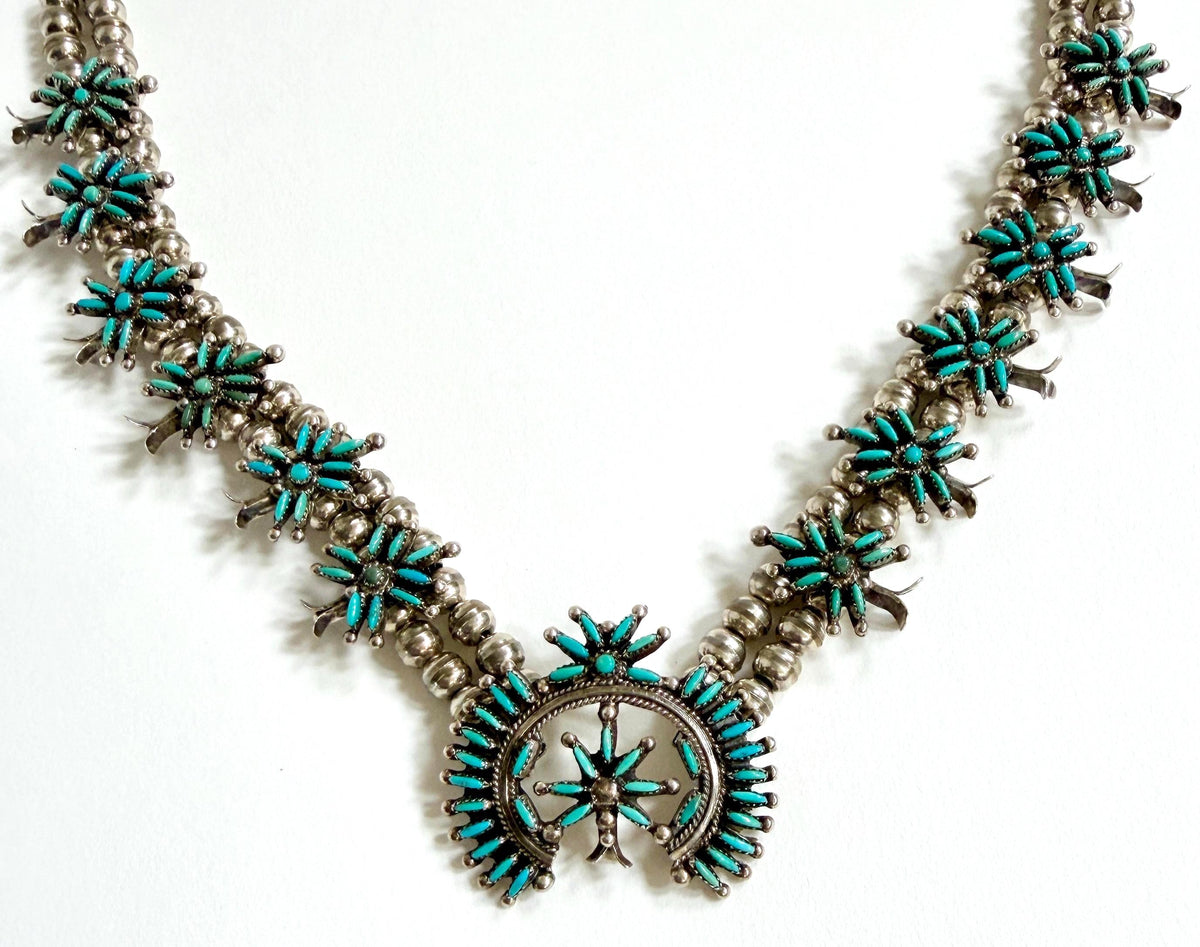 Vintage Turquoise Squash Blossom Necklace Signed Native American Sterling Silver
