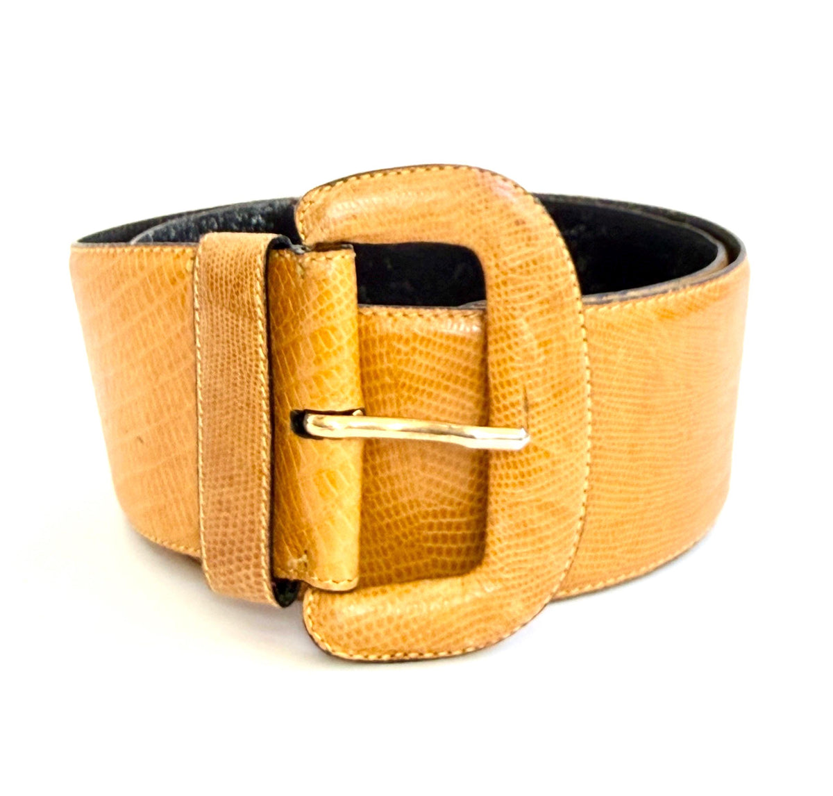 Wide 90s Donna Karen Belt Minimalist Golden Tan Reptile Embossed Strap