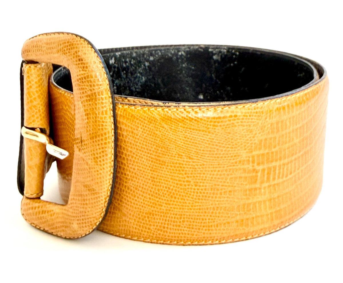 Wide 90s Donna Karen Belt Minimalist Golden Tan Reptile Embossed Strap
