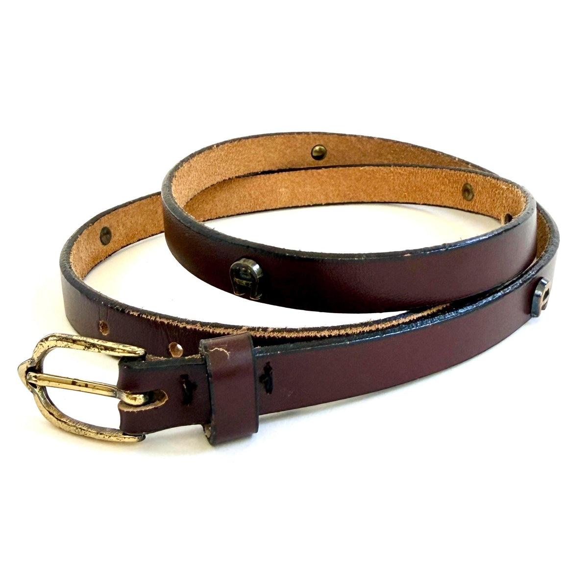 Vintage Etienne Aigner Studded Belt 60s 70s Brass Logo Studs Skinny Dark Brown Leather Strap