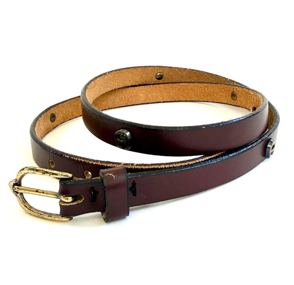 Vintage Etienne Aigner Studded Belt 60s 70s Brass Logo Studs Skinny Dark Brown Leather Strap