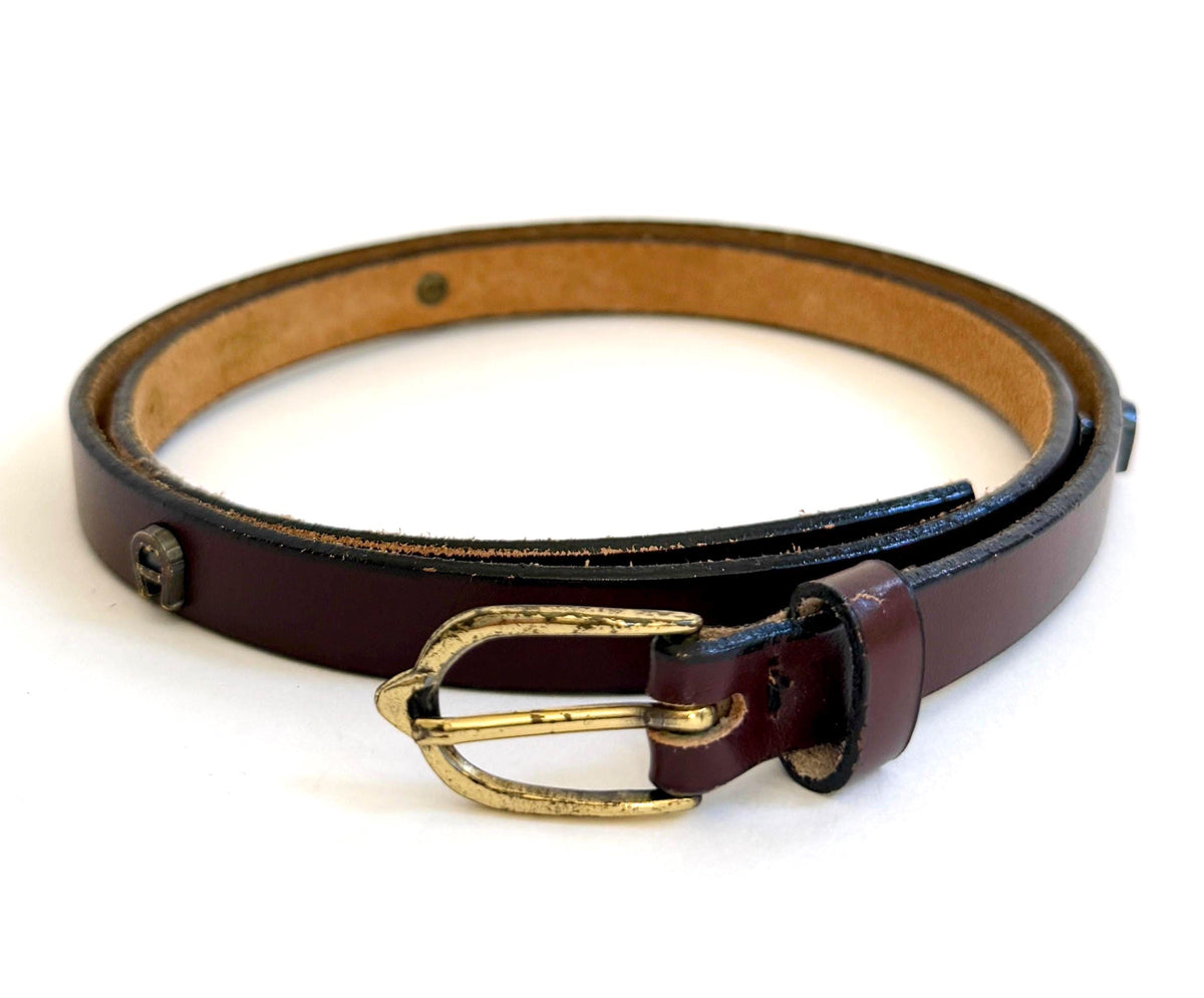 Vintage Etienne Aigner Studded Belt 60s 70s Brass Logo Studs Skinny Dark Brown Leather Strap