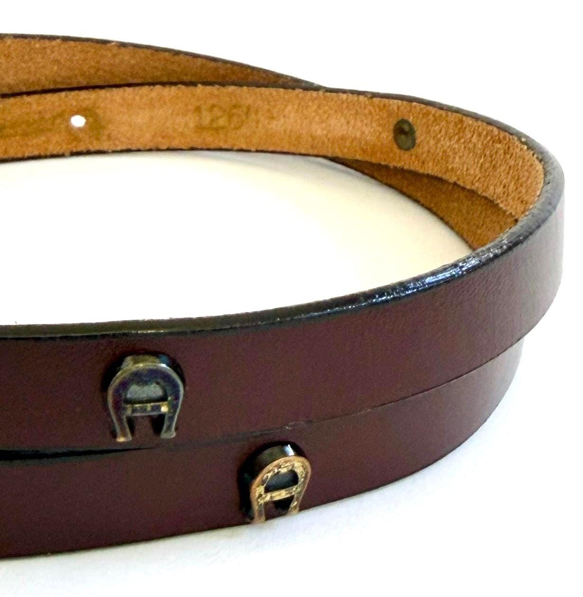 Vintage Etienne Aigner Studded Belt 60s 70s Brass Logo Studs Skinny Dark Brown Leather Strap