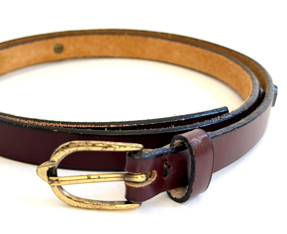Vintage Etienne Aigner Studded Belt 60s 70s Brass Logo Studs Skinny Dark Brown Leather Strap