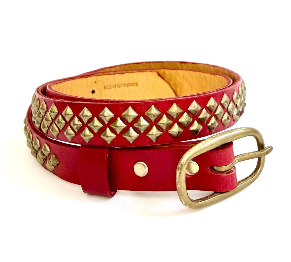 Vintage Studded Skinny Belt Red Leather with Brass Pyramid Studs Handmade in USA