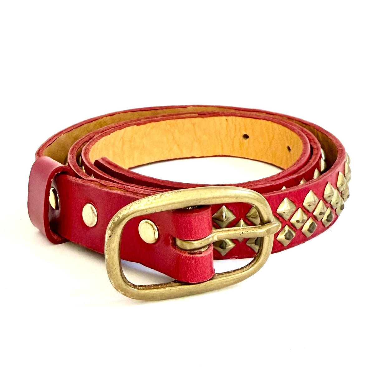 Vintage Studded Skinny Belt Red Leather with Brass Pyramid Studs Handmade in USA
