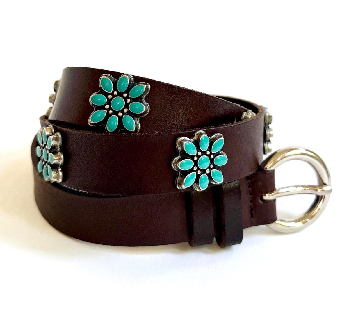 Vintage Western Turquoise Concho Belt Dark Brown Leather Strap