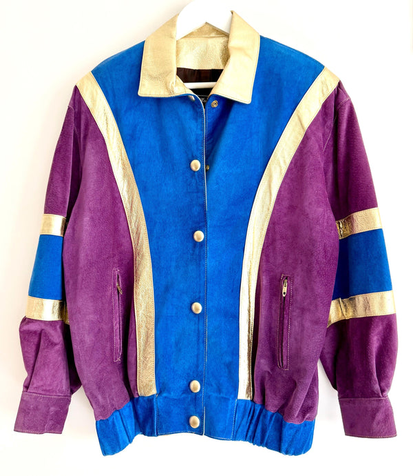 Vintage Metallic Leather Bomber Jacket 80s 90s Blue Purple Gold