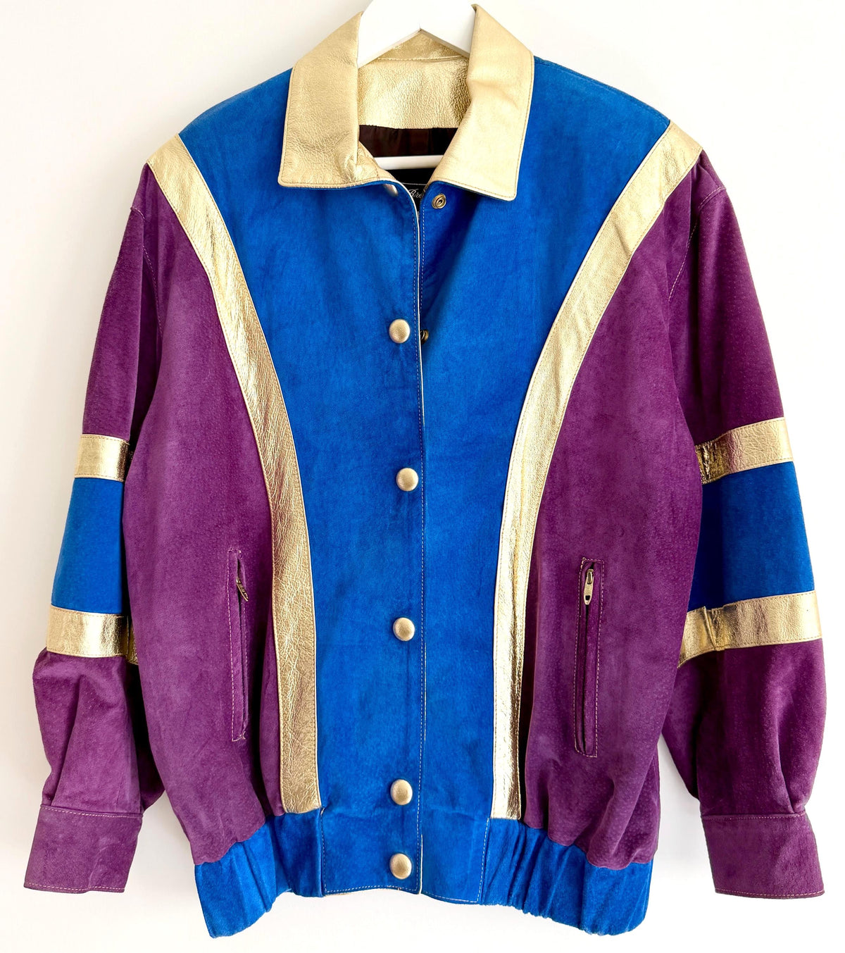 Vintage Metallic Leather Bomber Jacket 80s 90s Blue Purple Gold