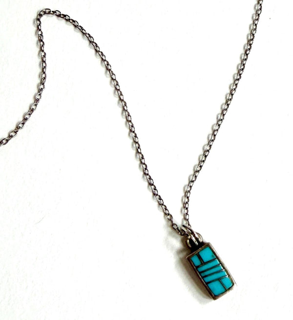 Vintage Zuni Turquoise Necklace Sterling Silver Tiny Flush Stone Inlay Pendant