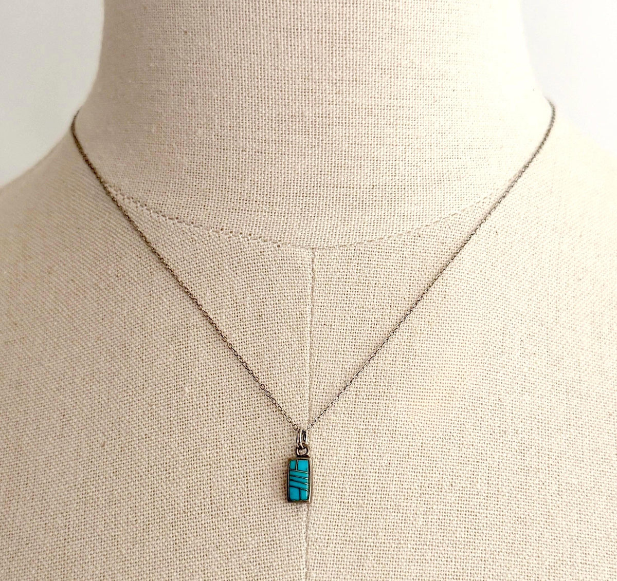 Vintage Zuni Turquoise Necklace Sterling Silver Tiny Flush Stone Inlay Pendant