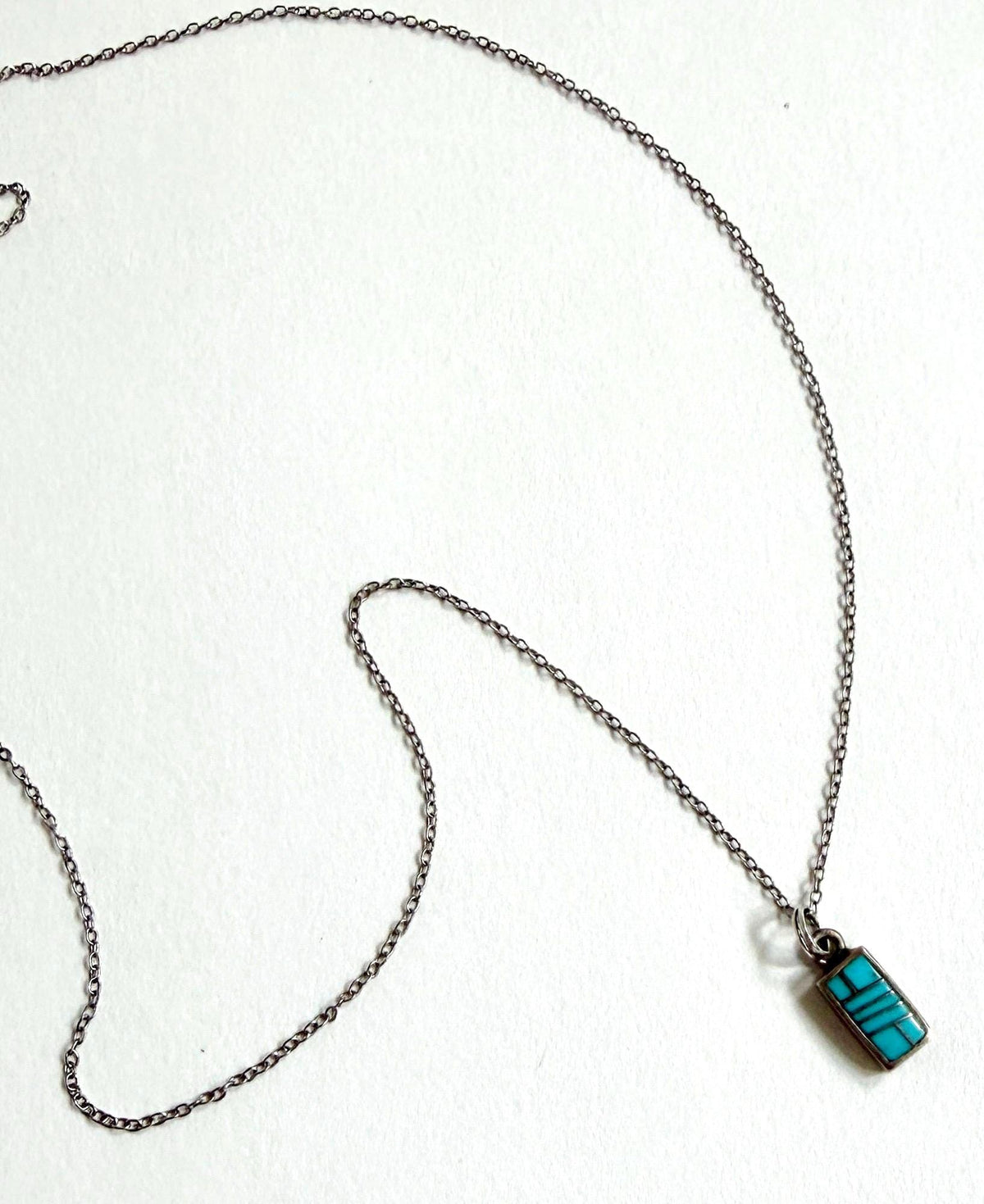 Vintage Zuni Turquoise Necklace Sterling Silver Tiny Flush Stone Inlay Pendant