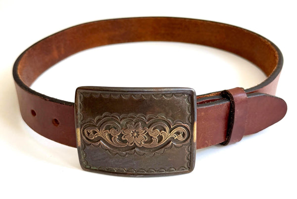 Vintage Western Belt 1995 Brass Floral Buckle Brown Full Grain Leather Strap