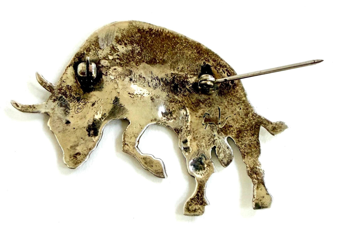 Vintage Sterling Silver Bucking Bull Pin Brooch Artist Signed